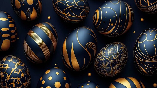 Elegant black and gold easter eggs with ornate patterns on dark background, symbolizing modern festive celebration and sophistication in the easter concept