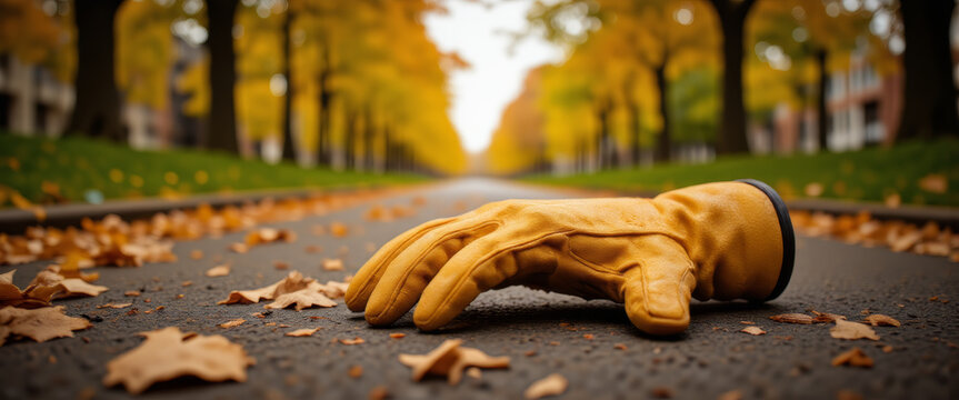 Autumn glove on the ground with a contemplative mood representing fall against a tree-lined street