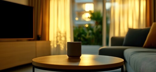 Smart speaker on coffee table, sunset view, modern living room. Use Home tech, lifestyle ads
