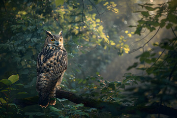 Majestic Owl Perched in Dense Forest, Embracing Mystical Wisdom and Tranquility in Nature's Sanctuary