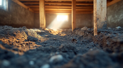 Crawl space with exposed soil and wooden beams showing the need for repair and mold remediation, with modern blurred background and empty caption space on the side