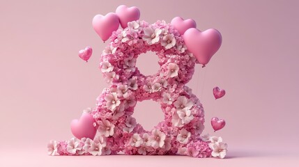 Pink floral and balloon arrangement in number 8 shape celebrates international women's day march 8 concept of beauty and love