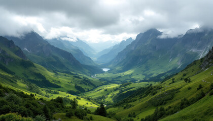 Naklejka premium Serene Mountain Valley Landscape: A Breathtaking Panorama of Verdant Hills, Majestic Peaks, and a Tranquil Lake