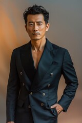 Fototapeta premium Sharp portrait of an Asian man. He's in a classic black double-breasted suit, one hand in pocket. Soft lighting, gradient background highlight the suit's texture and his intense expression.