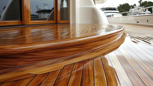 Polished teak deck entrance on yacht with marina background