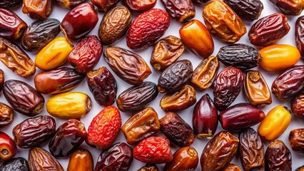 Variety of Dates Top View, Isolated on White Background - Low Light Photography