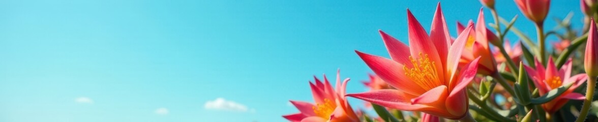 Fototapeta premium Vibrant aloe vera flowers bloom against a clear azure sky , horizontal, aloe