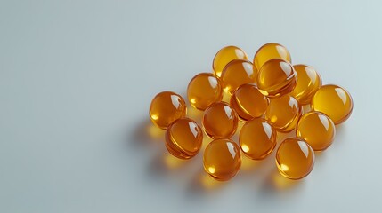 Fototapeta premium Translucent amber gel capsules arranged in cluster formation on light background, showcasing pharmaceutical and supplement concept for healthcare marketing.