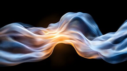 Ethereal light waves in blue and orange colors flow smoothly across dark background creating abstract fluid motion effect, suitable for modern design projects.