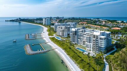 Fototapeta premium Luxury oceanfront condos. Beach access, marina, boardwalk, coastal protection. Architectural masterplan. Seaside living.