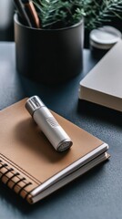 A Minimalist Workspace: Notepads, Pen Holder, and a Stylish Device