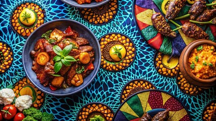Vibrant African Print Fabric Food Photography Background, Abstract Art Design