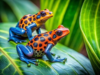 Obraz premium Vibrant Amazon Poison Dart Frogs on Lush Rainforest Leaves - Macro Photography