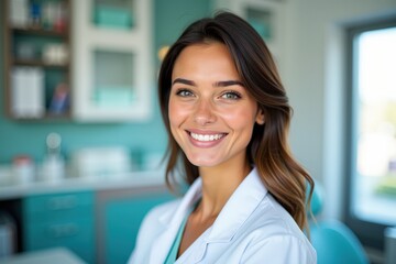 Fototapeta premium Confident Female Dentist in Modern Clinic: Smiling Caucasian Woman in White Coat, Professional Environment, Promoting Health and Care