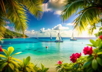 Vibrant Beach Scene with Sailboats, Bokeh Waves & Tropical Plants