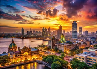 Fototapeta premium Vibrant Bombay Skyline at Sunset: Iconic Indian Landscape