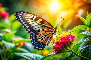Obraz premium Vibrant Butterfly on Lush Green Leaves and Flower - Nature Photography