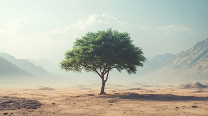 Obraz premium Solitary green tree stands tall in arid desert landscape, framed by distant mountains and clear sky