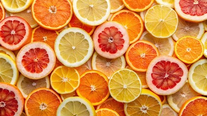 Vibrant Citrus Fruit Slices Pattern Background -  Fresh Orange, Lemon, Grapefruit Texture