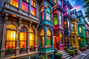 Naklejka premium Vibrant City House Windows Panoramic View - Colorful Architecture Photography
