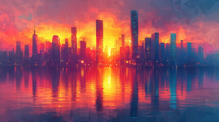 Fototapeta premium Vibrant low-poly city skyline at sunset over water