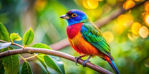 Obraz premium Vibrant Colorful Bird Perched on Lush Green Tree Branch in Park - Candid Nature Photography