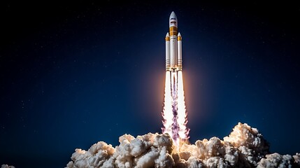 Rocket launch at night, fiery exhaust trail, starry sky background. Space exploration, science, technology
