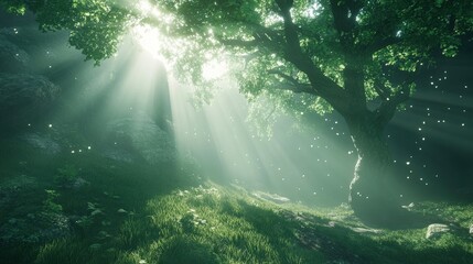 Obraz premium Serene forest scene with sunlight filtering through leaves, creating a magical atmosphere