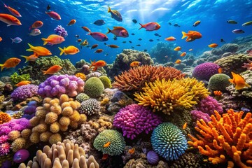 Fototapeta premium Vibrant Coral Reef Scene, Underwater Ocean Life, High-Resolution Stock Photo