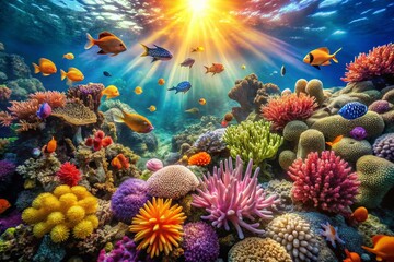Vibrant Coral Reef Underwater Scene: Lush Flora & Fauna Aerial View