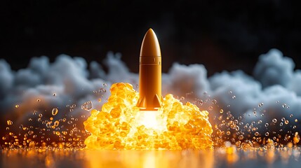 Rocket launch, fiery explosion, dark background, space exploration