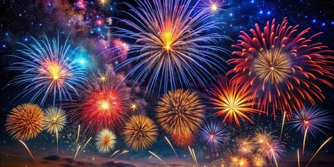 Fototapeta premium Vibrant Fireworks Display at Night with High Depth of Field
