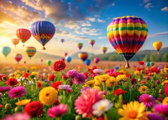 Obraz premium Vibrant Floral Fiesta: Close-Up Drone Shot of Colorful Balloons and Flowers