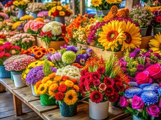Vibrant Flower Bouquet at Farmers Market Stall - Fresh Cut Blooms for Sale