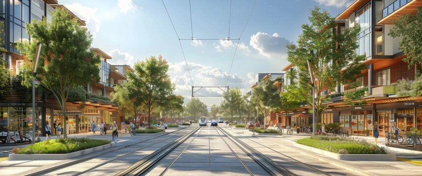 Transit-oriented development. High-density housing, shops, plazas near light rail. Pedestrian & bike paths. Urban planning vision.