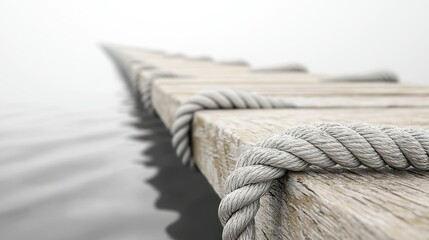 Obraz premium Rope-tied wooden dock over calm water extends into the fog