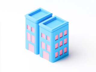 A simple icon of blue buildings with pink window frames isolated on white background
