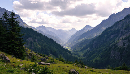 Fototapeta premium Majestic Alpine Valley Panorama: A Breathtaking View of Serene Mountain Scenery