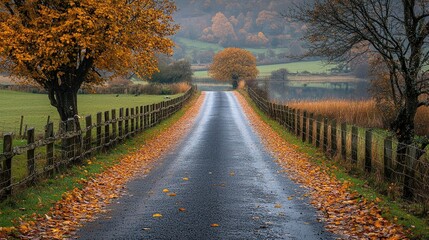 Naklejka premium Autumnal Road Scene With Golden Leaves And Lake