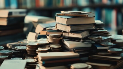A Mountain of Books and Coins: A Still Life of Knowledge and Wealth