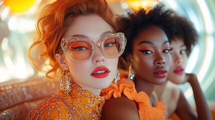 Three diverse women in glamorous attire, looking at the camera.