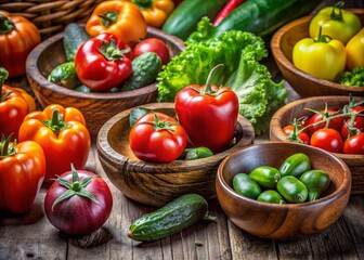 Vibrant Macro Shot of Fresh Vegetables & Salad in Rustic Bowls