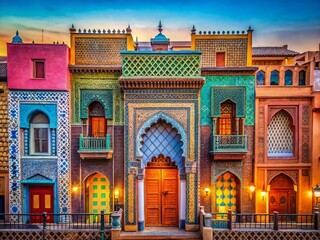Fototapeta premium Vibrant Marrakech Geometric Patterns, Long Exposure Photography, Colorful Moroccan Architecture, Intricate Details, Traditional Design