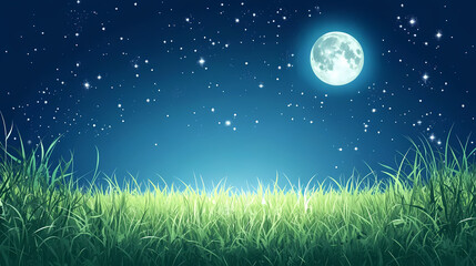 Fototapeta premium Night sky over grass field. Starry Meadow. Illustration