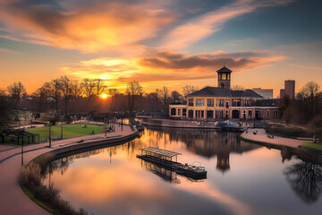 Fototapeta premium Tranquil Canal Reflects Golden Sunset with a Picturesque Building and Boat Gently Floating
