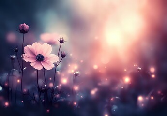 Fototapeta premium Pink cosmos flower silhouette against blurred purple sunset background with magical bokeh lights and dreamy atmosphere for romantic nature designs.