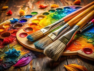 Obraz premium Vibrant Paint Brushes, Colorful Palette & Paint, Artistic Supplies Stock Photo