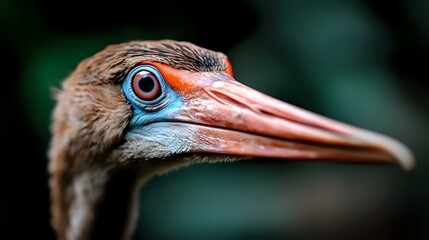 Close-up portrait of exotic bird with distinctive blue eye ring and long pink beak against dark green background, showing fine feather detail and striking facial features.