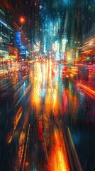 Fototapeta premium Colorful Nighttime City Lights Reflected on Rainy Street Surface