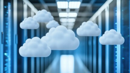 Abstract digital cloud computing environment with fluffy clouds in a high tech data center, ideal for technology, innovation, and digital transformation concepts
